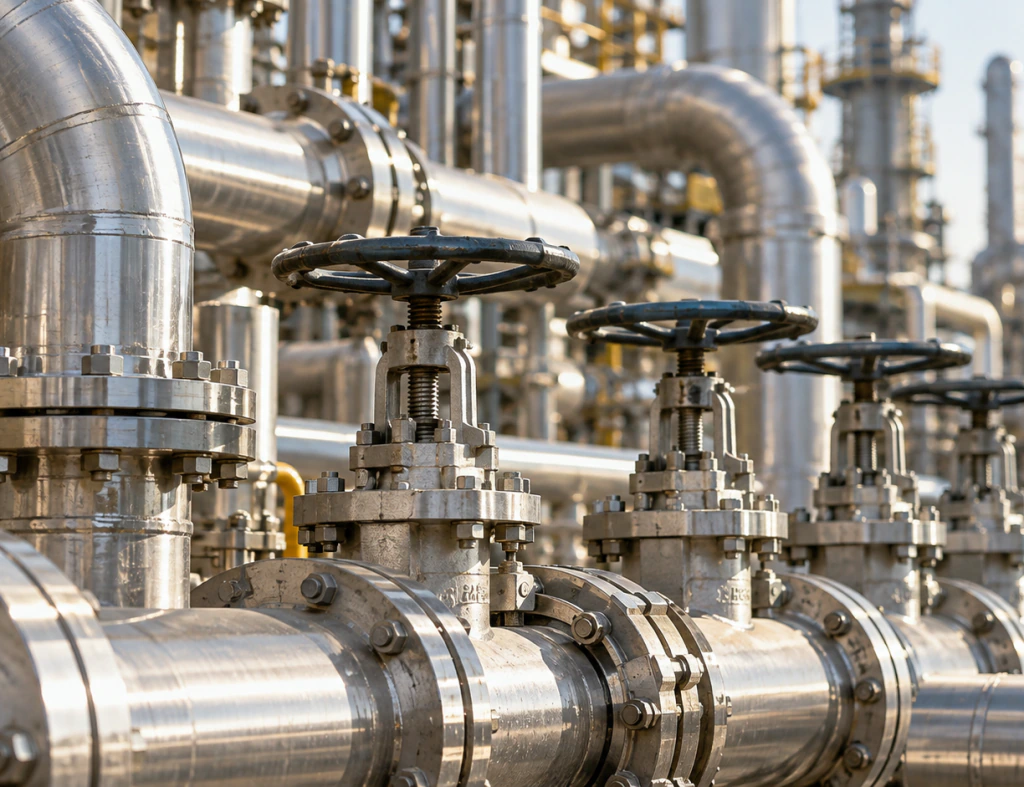 Steel pipelines and valve wheels at an oil and gas processing plant