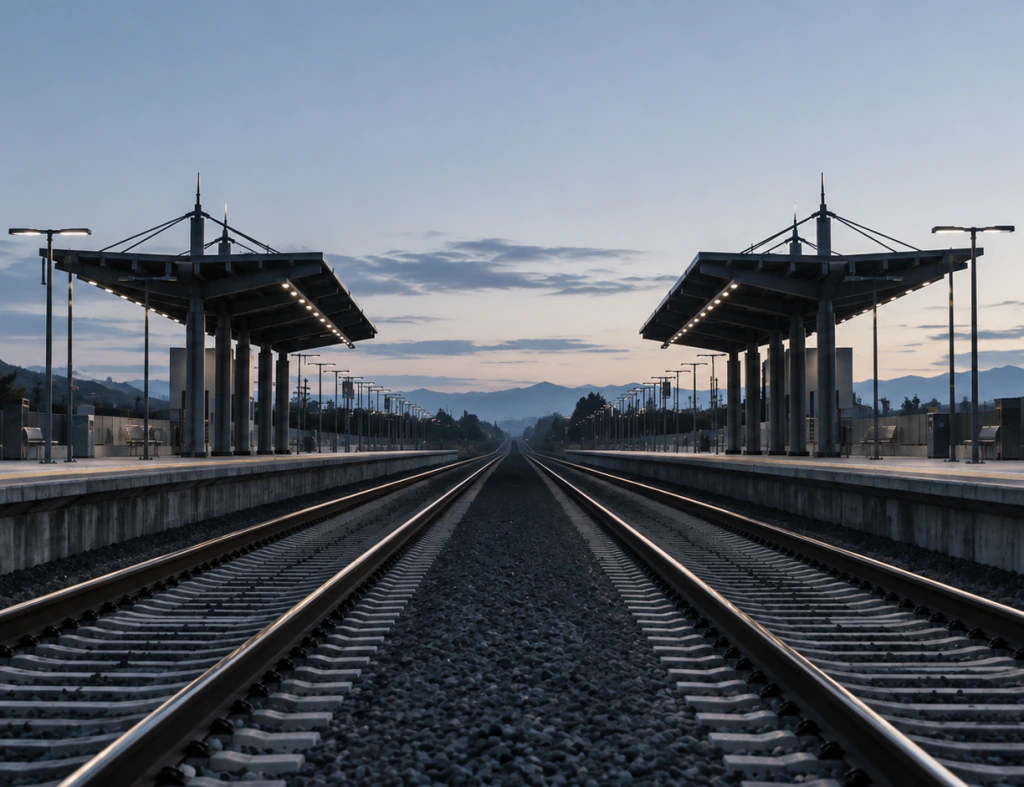 Railway tracks running between station platforms at dusk